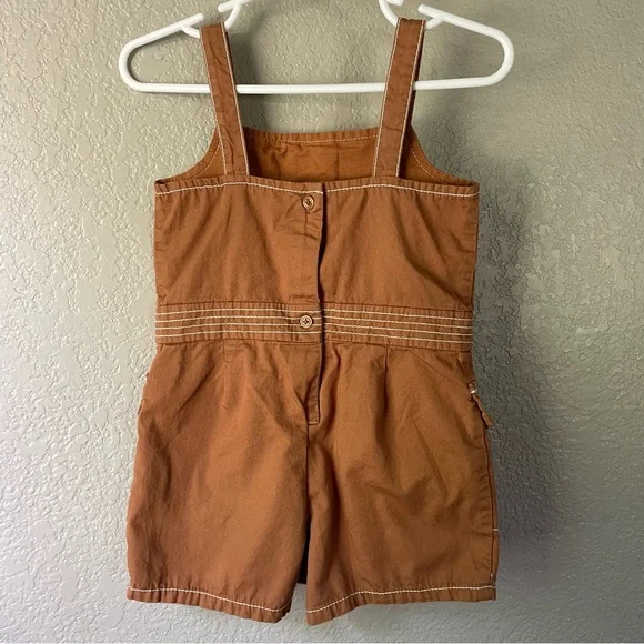 Janie and Jack Baby Girl 18-24M Twill Contrast Stitch Bow Romper Soft Caramel - Picture 8 of 11